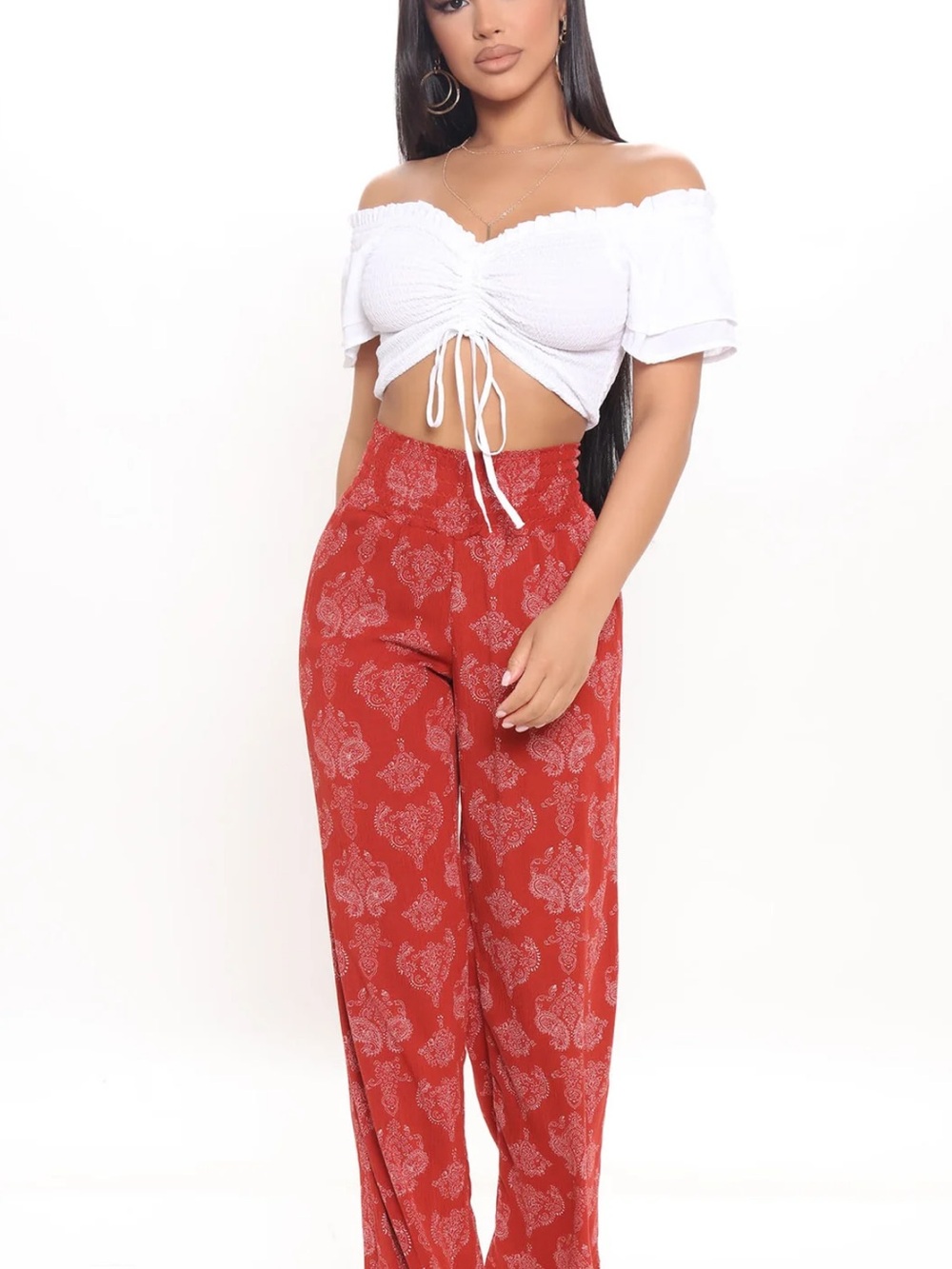 Fashion Nova Red Printed Wide-Leg High-Rise Pants